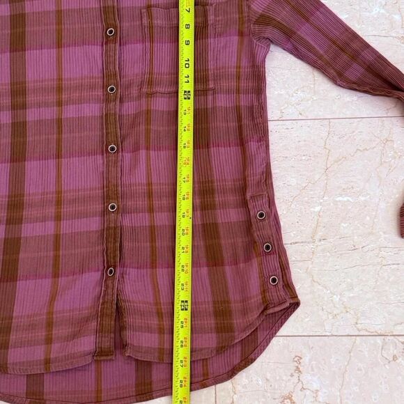 prAna Pink Red Purple Textured Plaid Long Sleeve Button Front Size M Faded - Picture 3 of 15